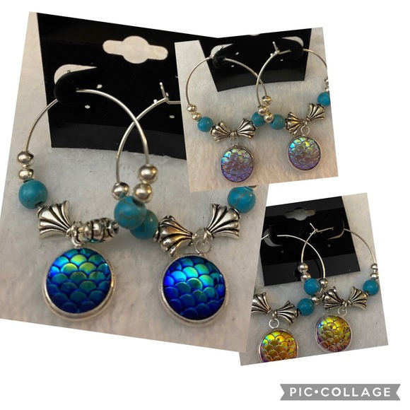 Handmade Mermaid Scale Hoops Lt. Blue, Dk Blue, Gold Scale Take your pick. - Picture 2 of 10